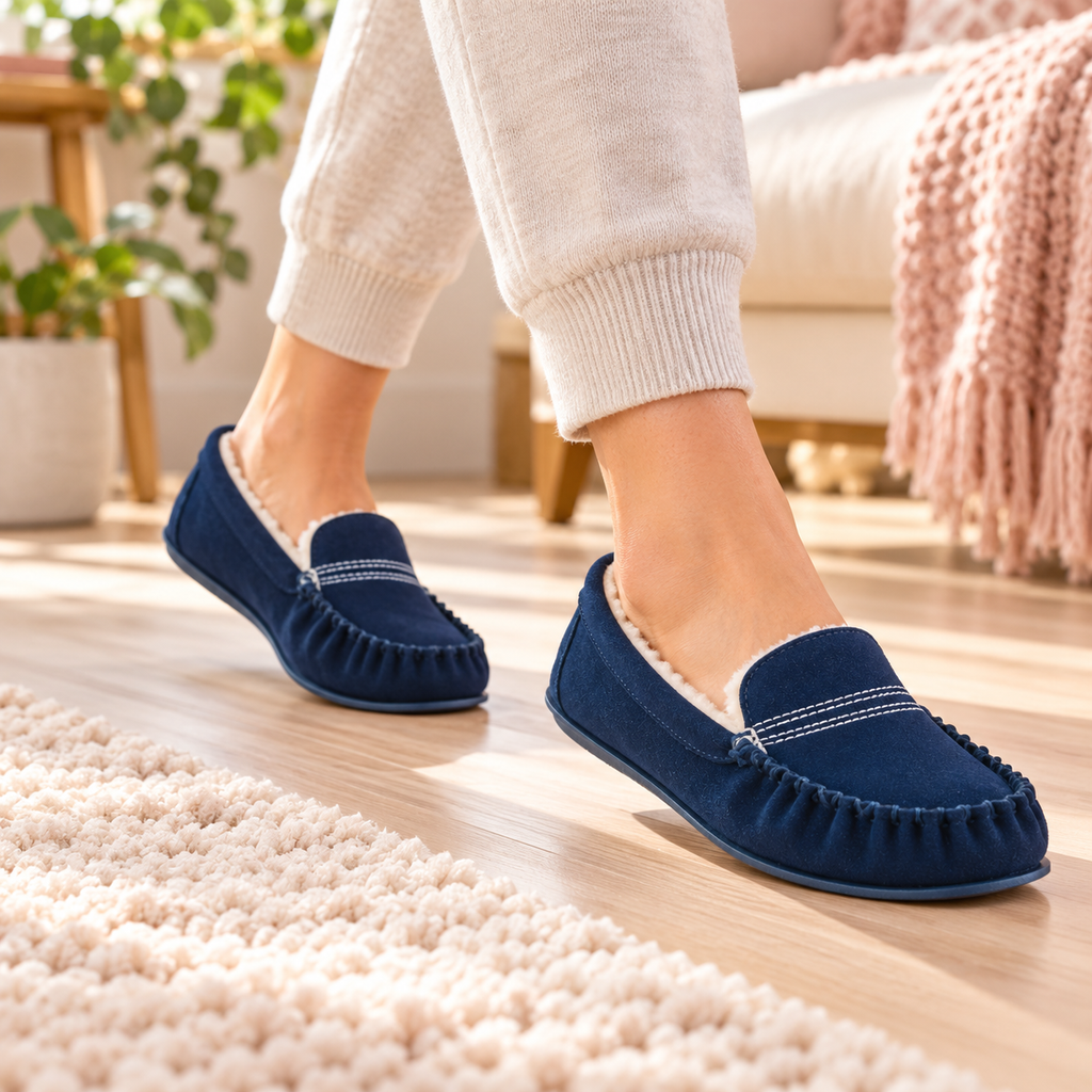Blue fleece-lined slip-on moccasin slippers on feet