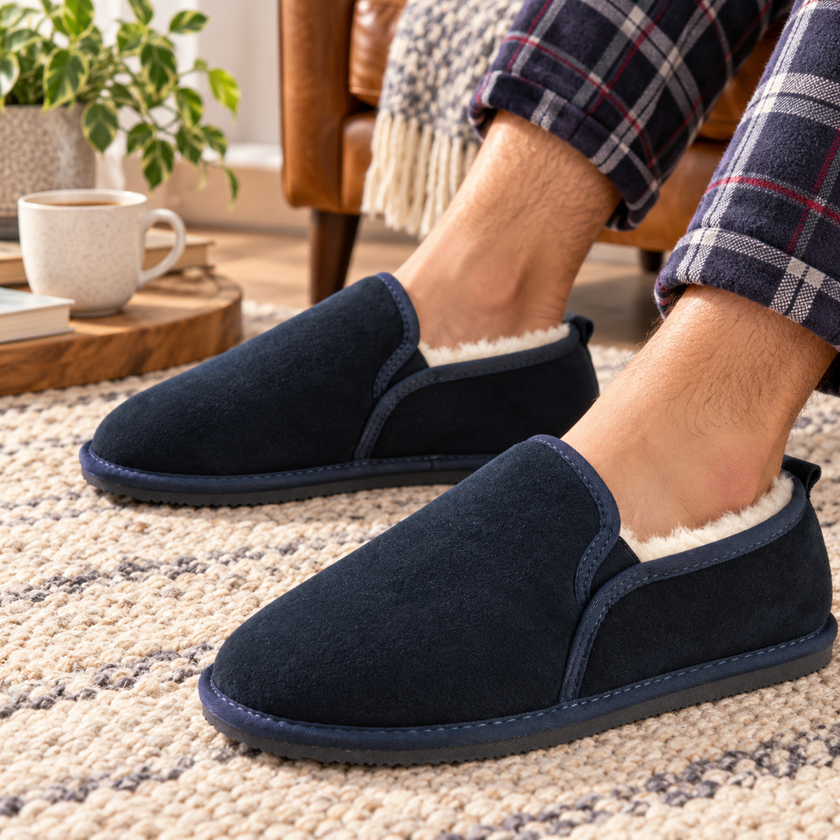 Men's navy suede slippers with tan shearling lining worn on feet