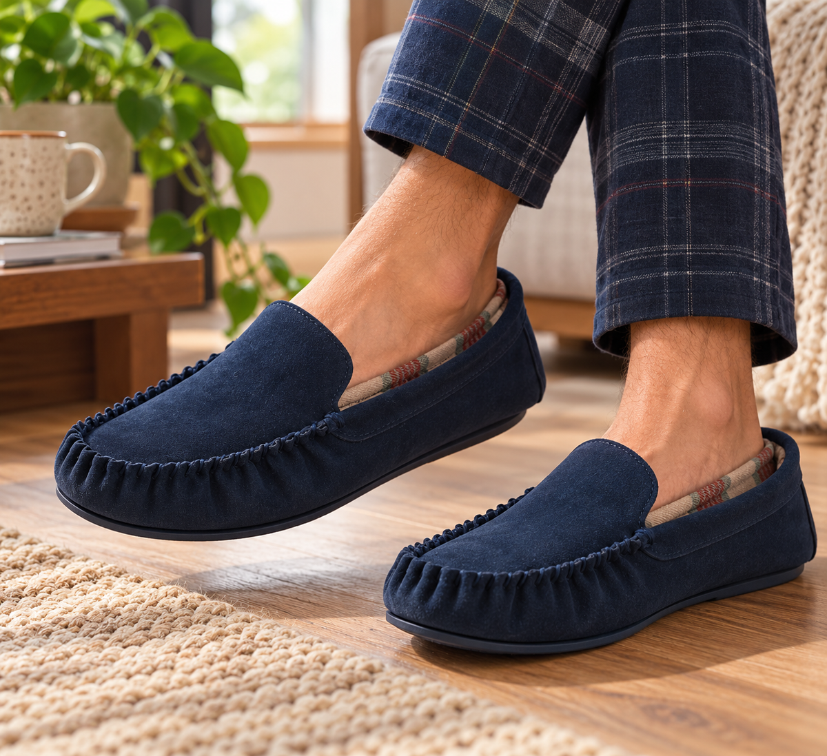 Men's navy plaid-lined moccasin slippers shown being worn