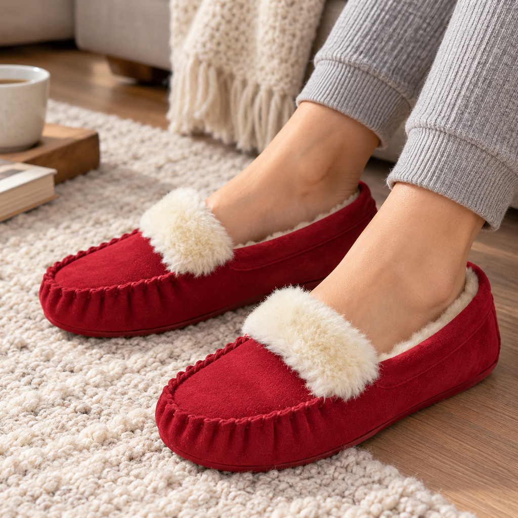 Women’s plush-lined moccasin slippers, red suede-look upper with white fluffy trim