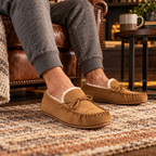 Chestnut suede moccasin slippers with shearling lining worn with socks