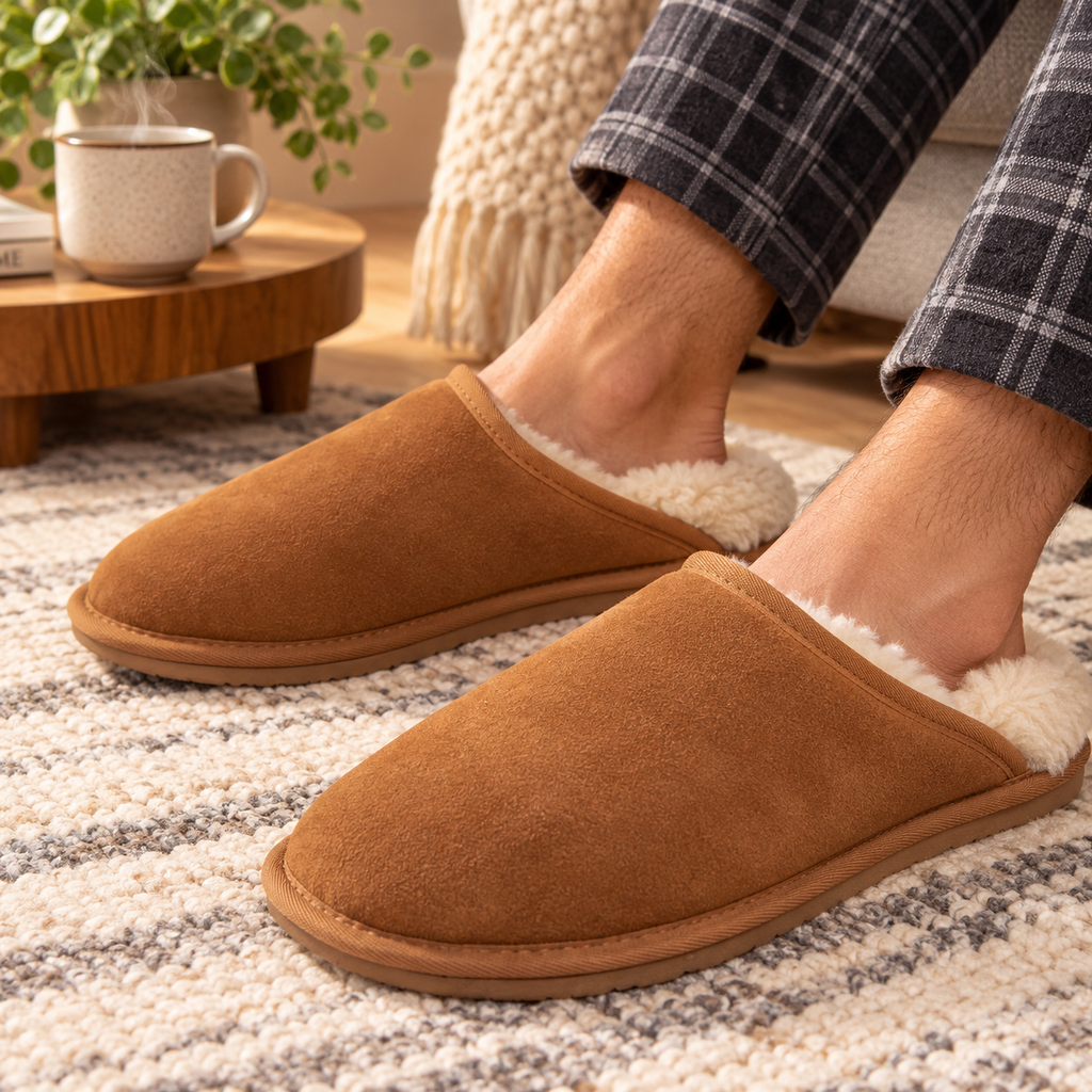 Chestnut suede mule slippers with fluffy lining and EVA outsole, slip-on style