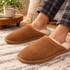 Chestnut suede mule slippers with fluffy lining and EVA outsole, slip-on style