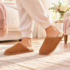 Chestnut suede slip-on mule slippers with fuzzy lining and low EVA sole