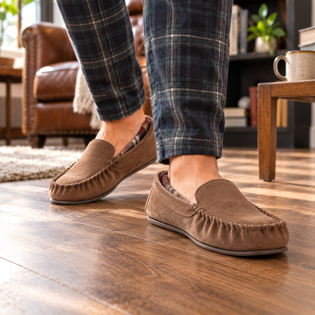 Men's truffle-brown suede moccasin slippers, plaid lining at topline