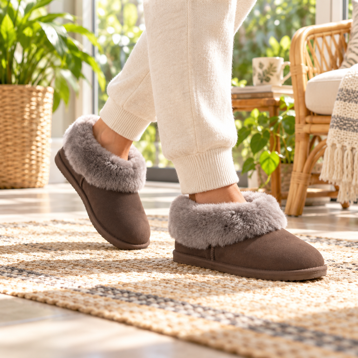 Womens truffle slipper boots with suede upper and plush cuff, EVA sole, worn with socks