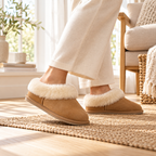 Chestnut suede slipper boots with fur-lined strap and grippy EVA sole