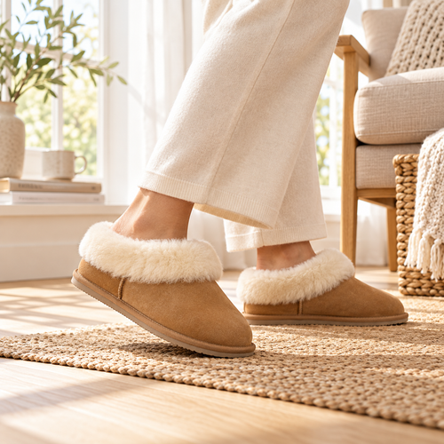 Chestnut suede slipper boots with fur-lined strap and grippy EVA sole