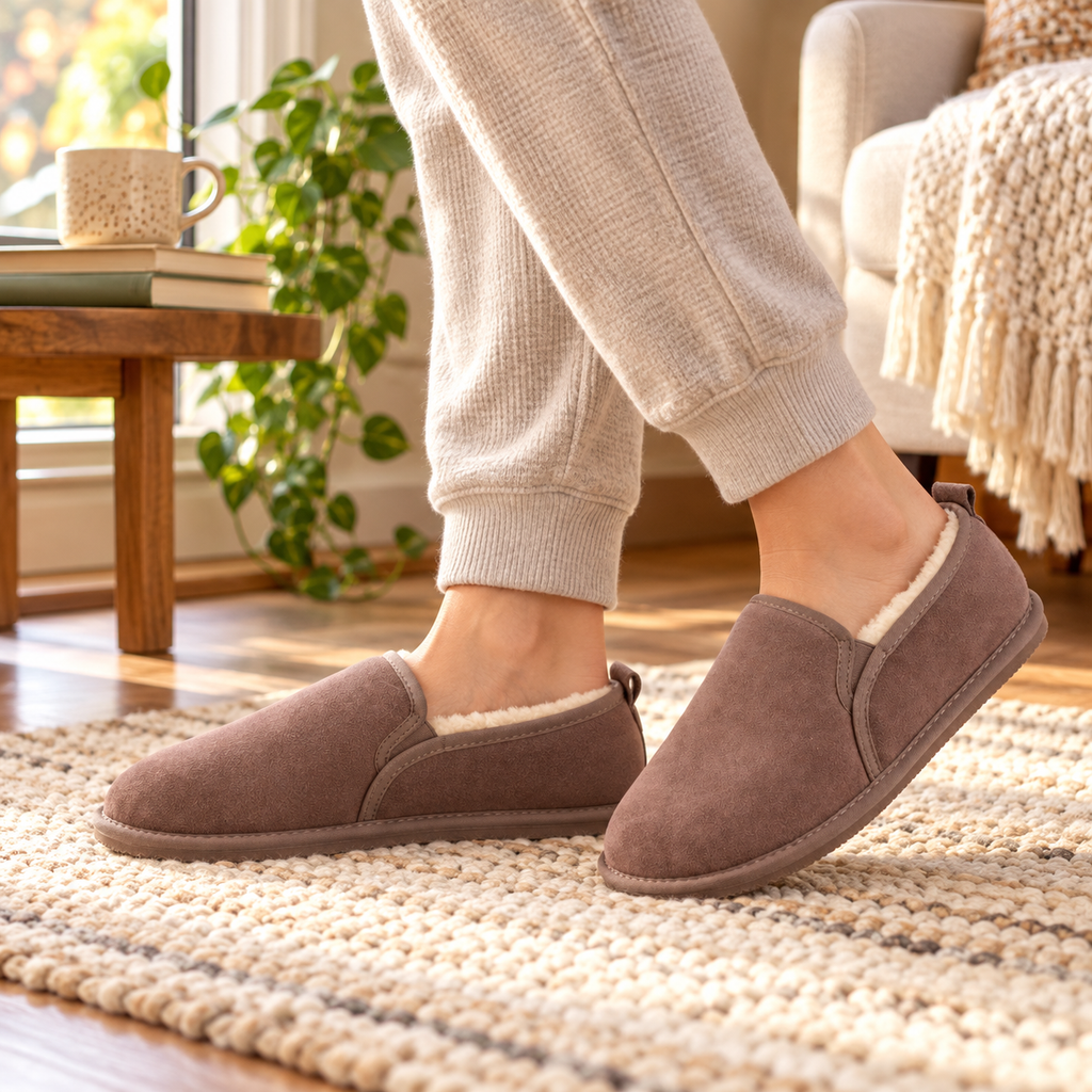 Truffle suede sheepskin slippers worn, with cream fleece lining, slip-on