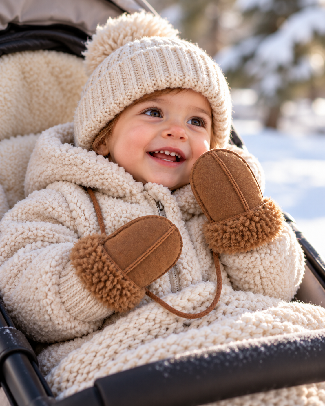 Baby sheepskin mittens on a child, tan knit hat and brown turn-back cuffs