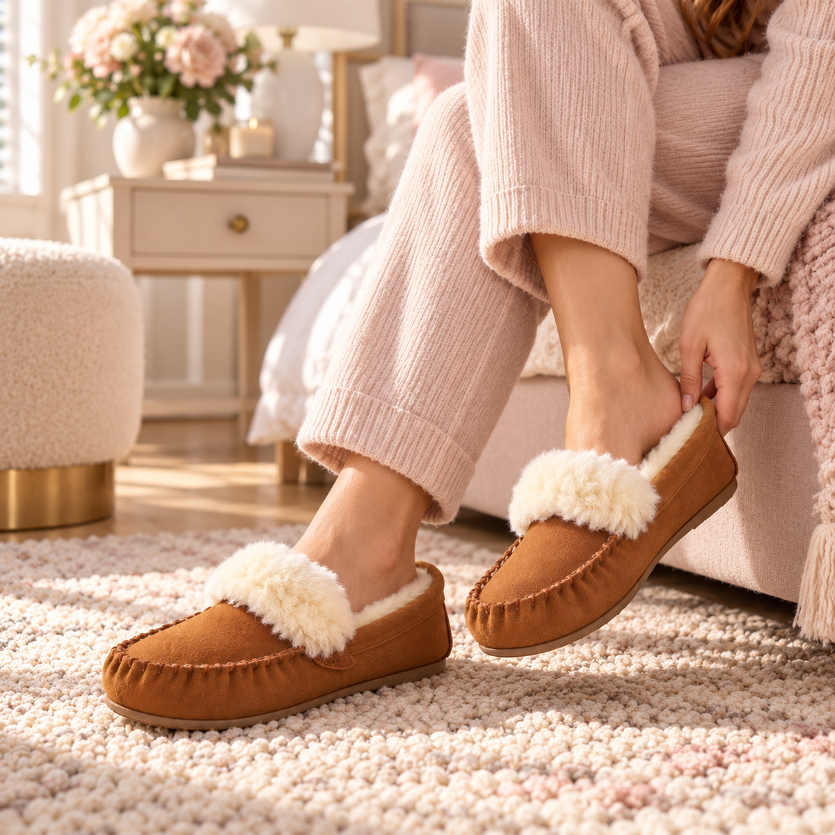 Women’s dark camel moccasin slippers with shearling-style lining and soft TPR sole