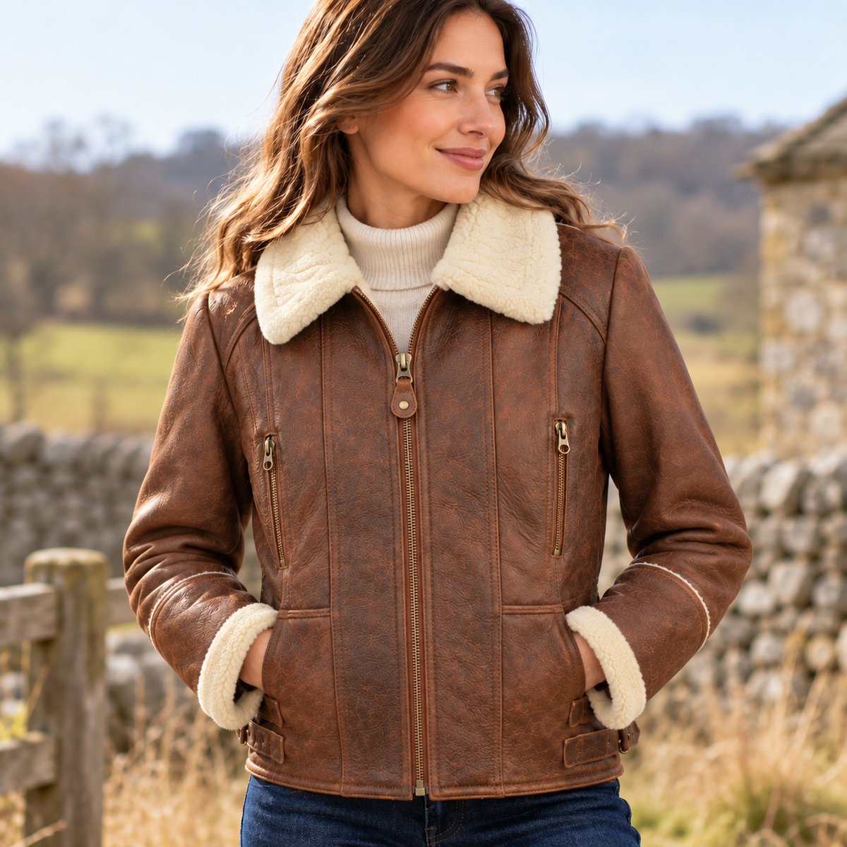 Women’s Short Flying Jacket, Centre Zip & Side Buckles, Brick Forest