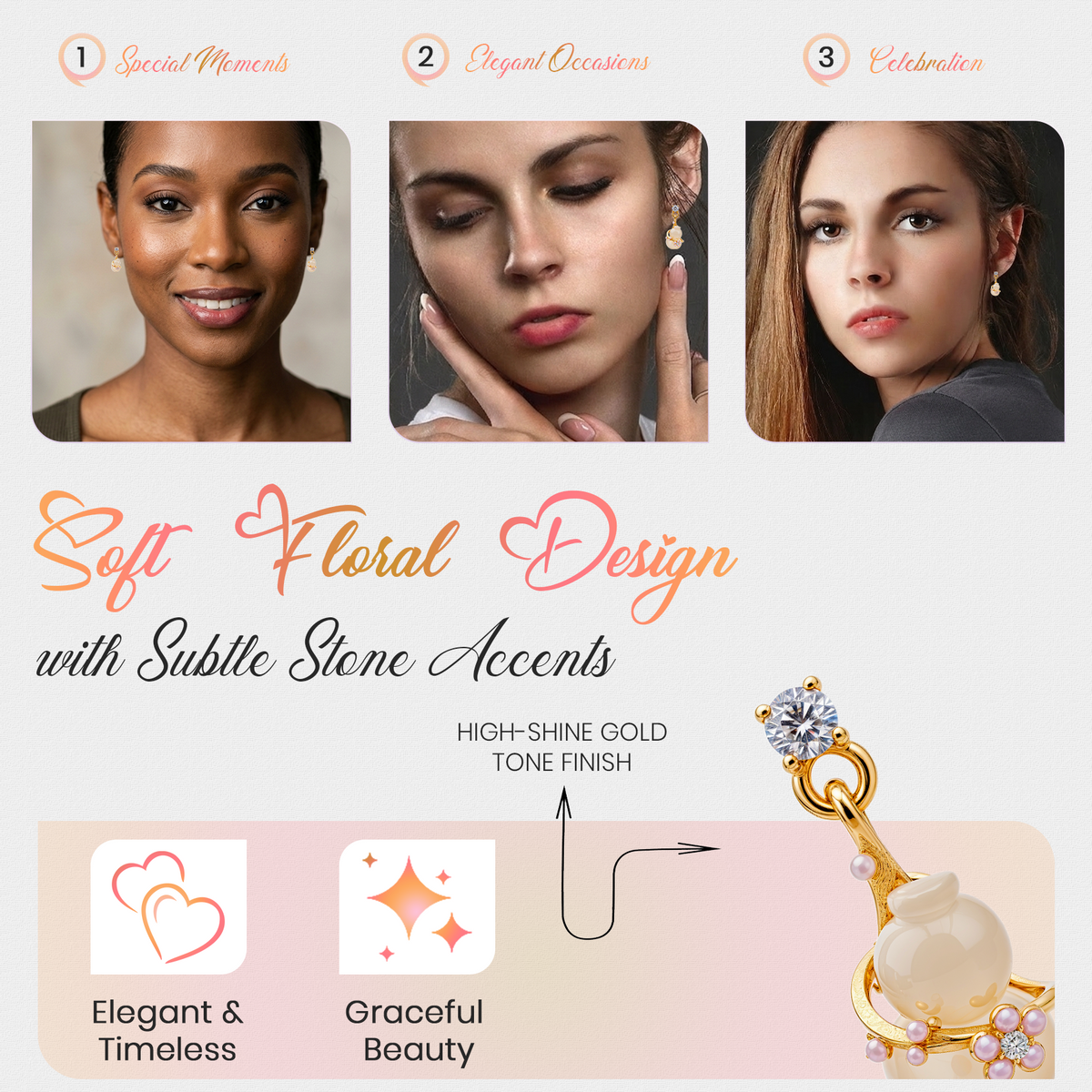 Floral Drop Earrings, Gold Tone Dangle with Pearl & Crystal Detail, 1 Pair