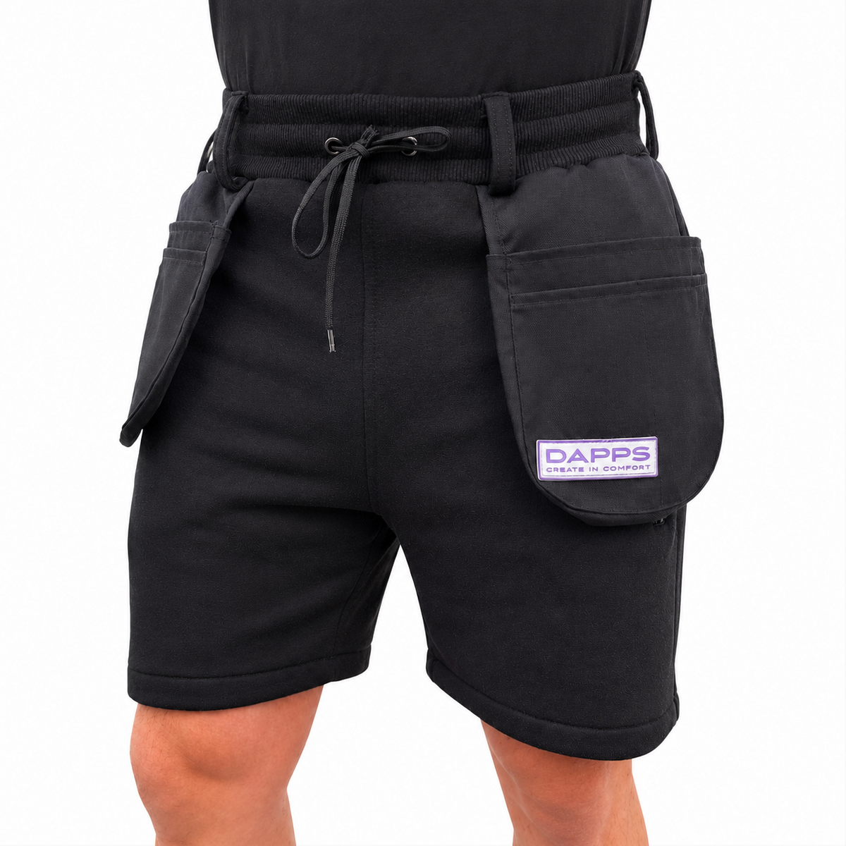 Black work shorts with elastic waistband, drawstring, and side utility pouch