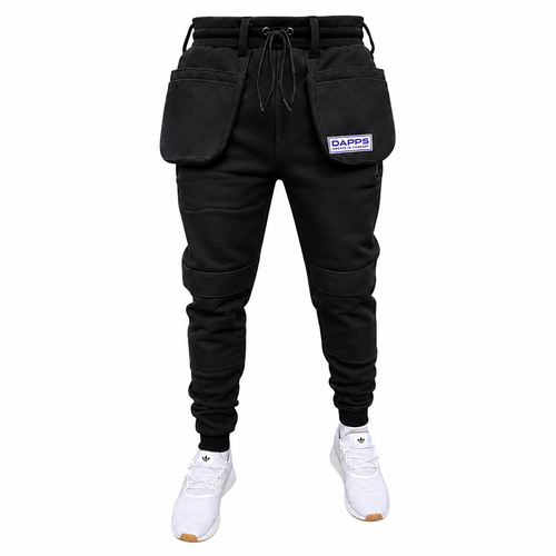 Black work jogger pants with drawstring waistband and cargo side pockets