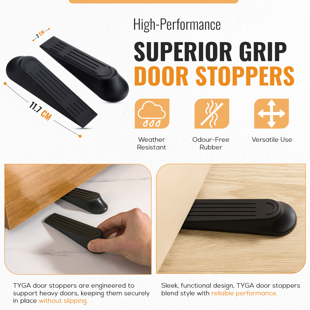 Anti Slip Door Wedge, Solid Door Stopper, Black, 1 Pair