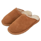 Chestnut suede mule slippers with wool-fleece lining and cushioned EVA sole