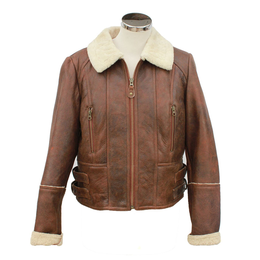 Women’s Short Flying Jacket, Centre Zip & Side Buckles, Brick Forest