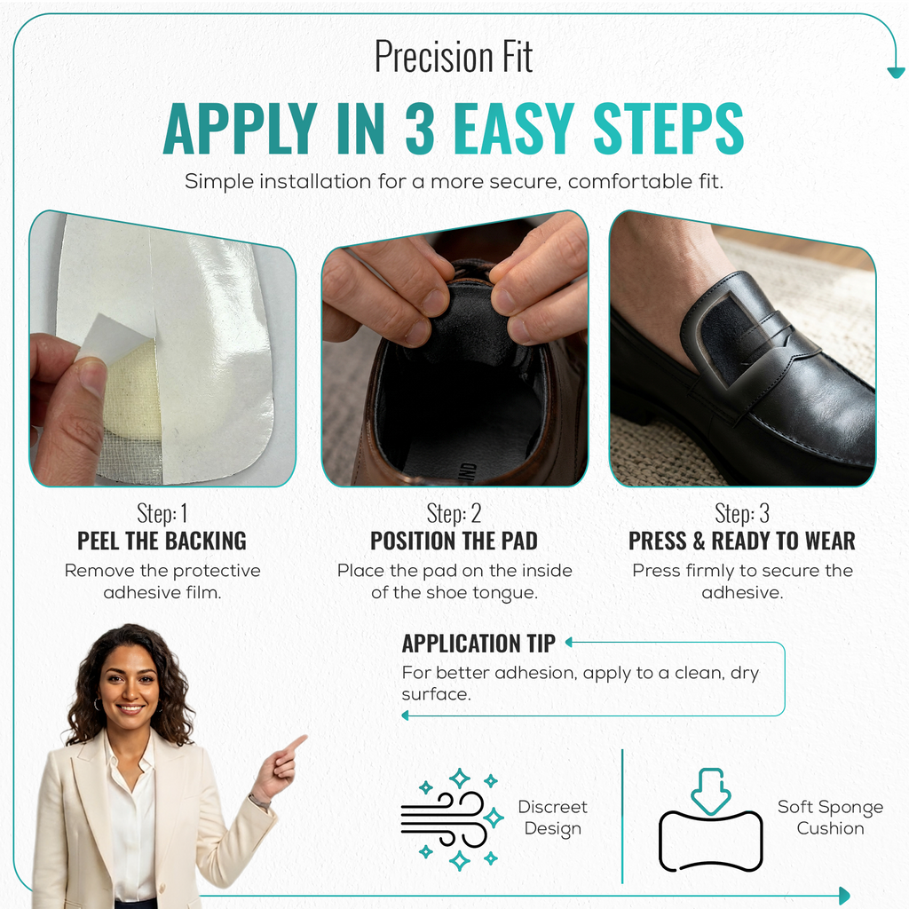 Self-adhesive shoe tongue pad application steps: peel backing and press inside shoe