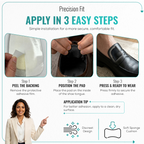 Self-adhesive shoe tongue pad application steps: peel backing and press inside shoe