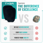 Black suede shoe tongue pad comparison with cushioning for reduced sliding and discomfort