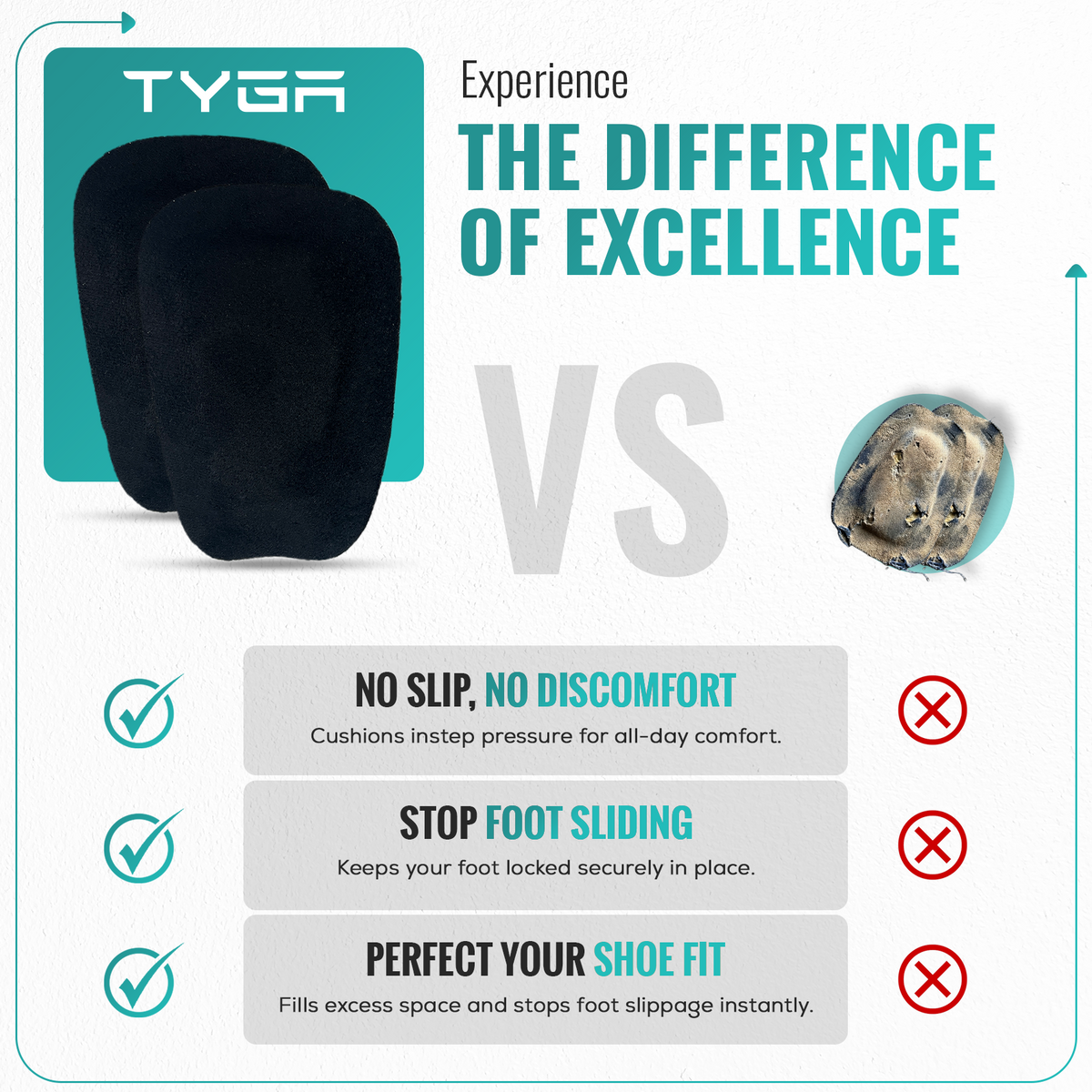 Black suede shoe tongue pad comparison with cushioning for reduced sliding and discomfort