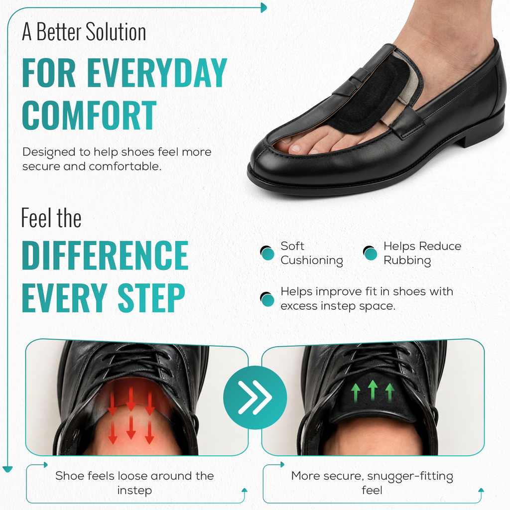 Black shoe tongue pads on footwear instep for everyday comfort and reduced rubbing