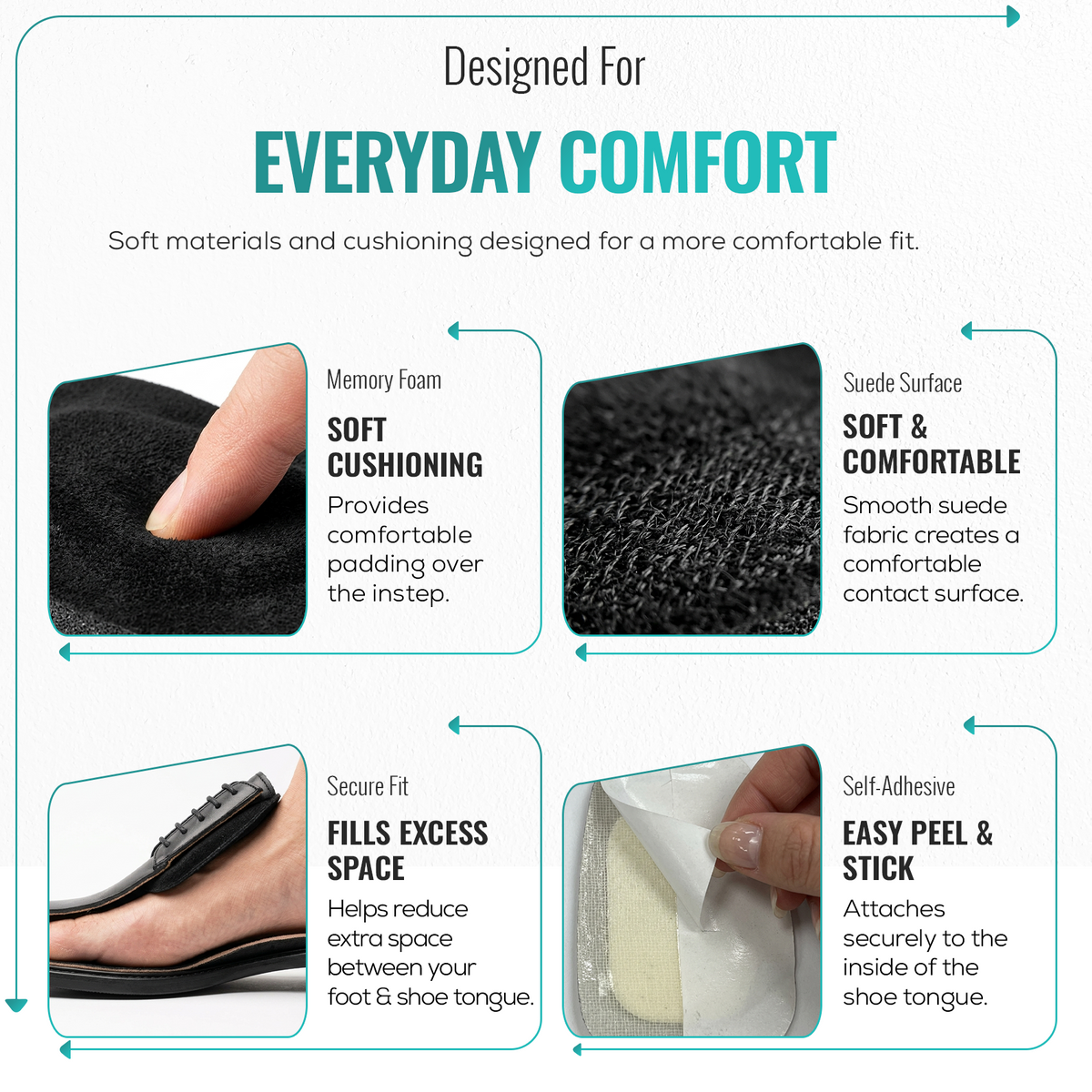 Shoe tongue pads material details: soft suede surface, memory foam cushioning, adhesive backing