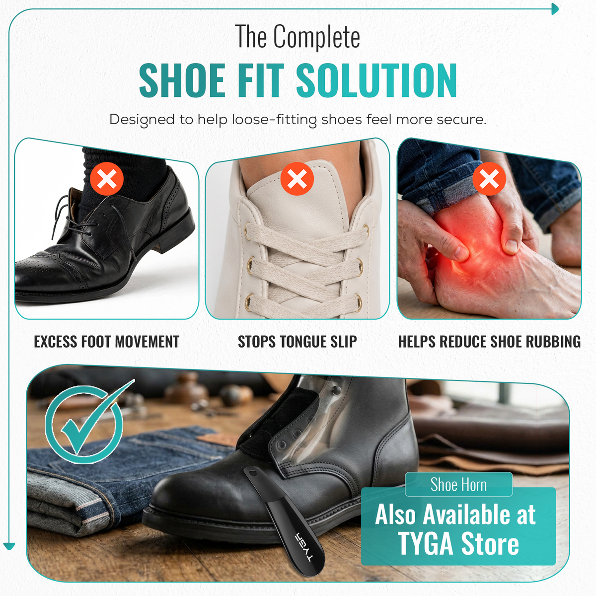 Shoe tongue pad fit solution showing secure placement to stop tongue slip and movement