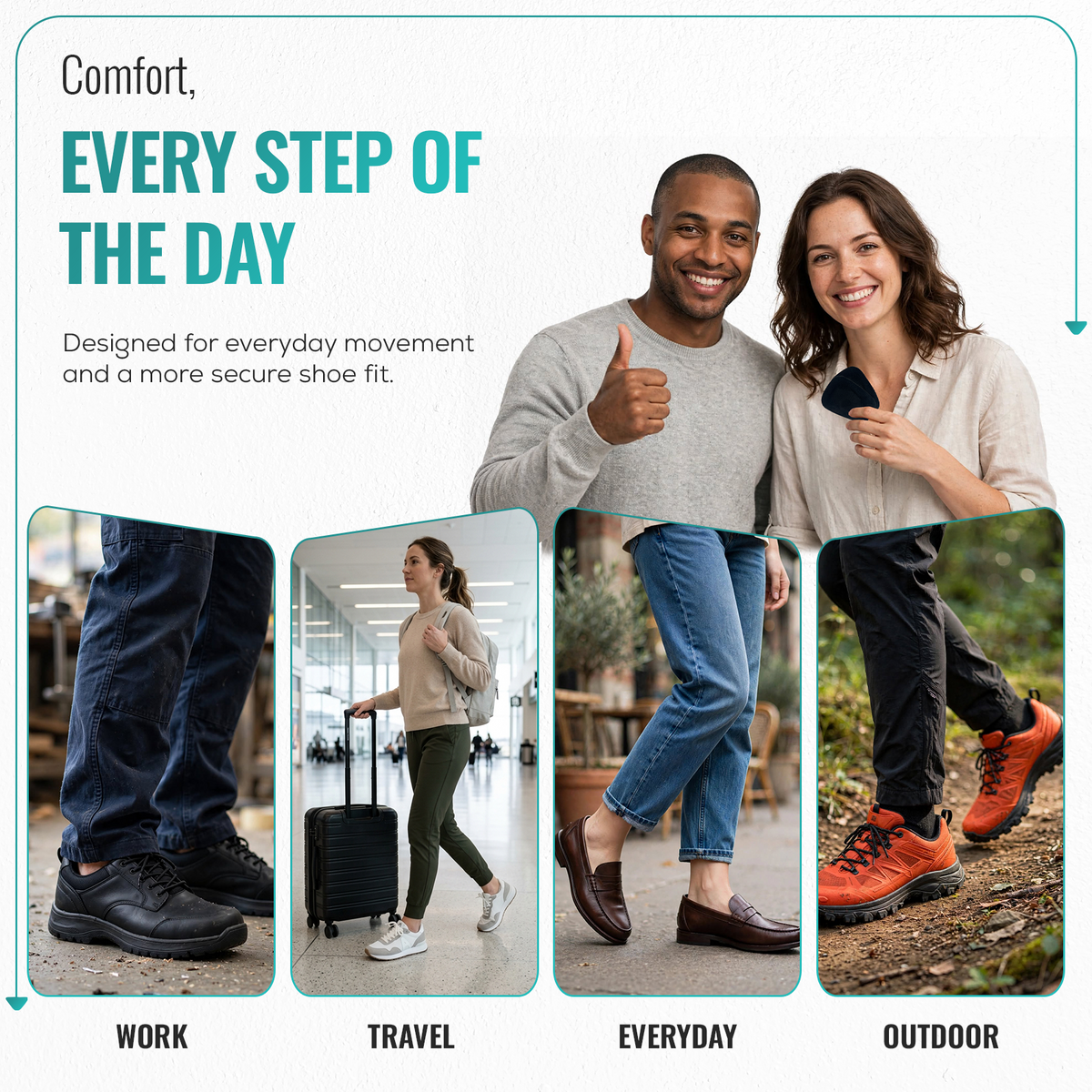 Shoe tongue pads worn in work, travel, everyday, and outdoor shoes