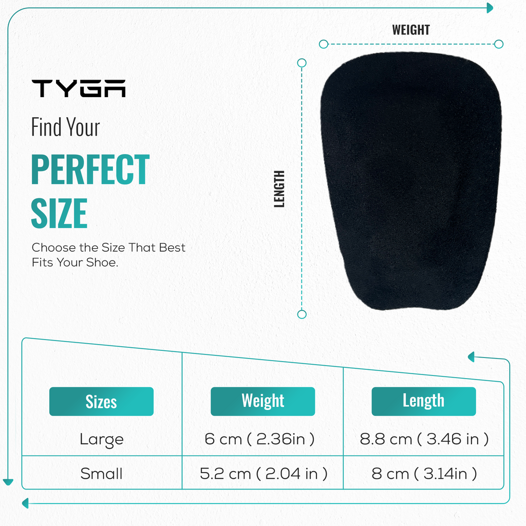 TYGA shoe tongue pad size guide with black suede silhouette and length measurements