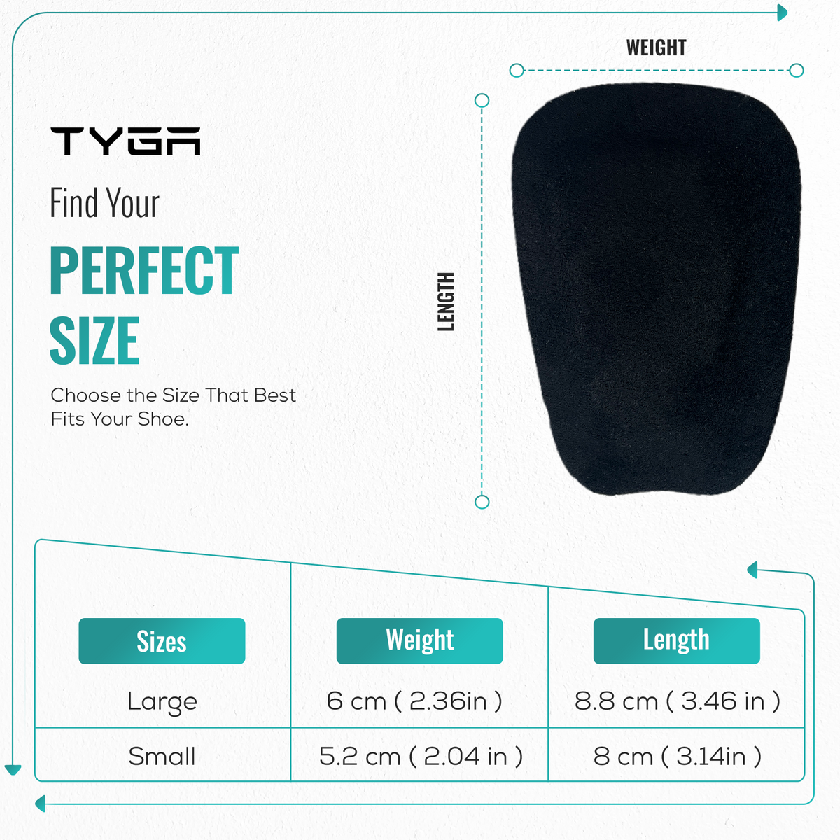 TYGA shoe tongue pad size guide with black suede silhouette and length measurements