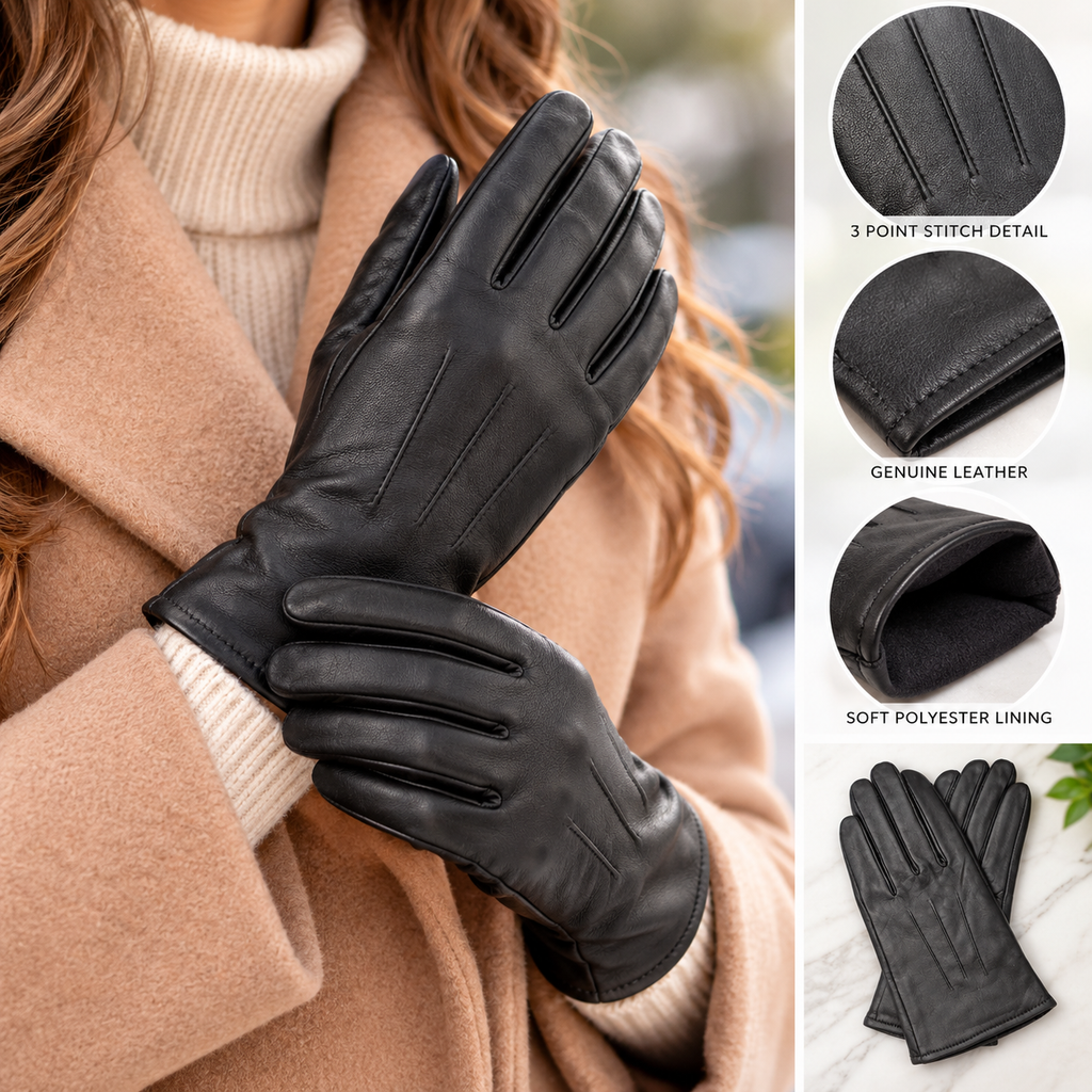 Women’s Leather Gloves, 3 Point Stitch, Polyester Lining, Black