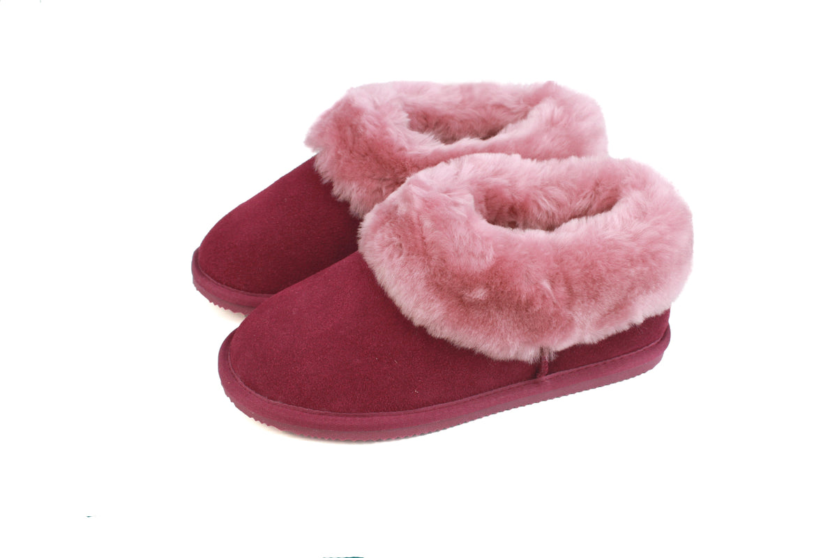 Wine suede slipper boots with plush faux-fur lining and EVA slip-on sole