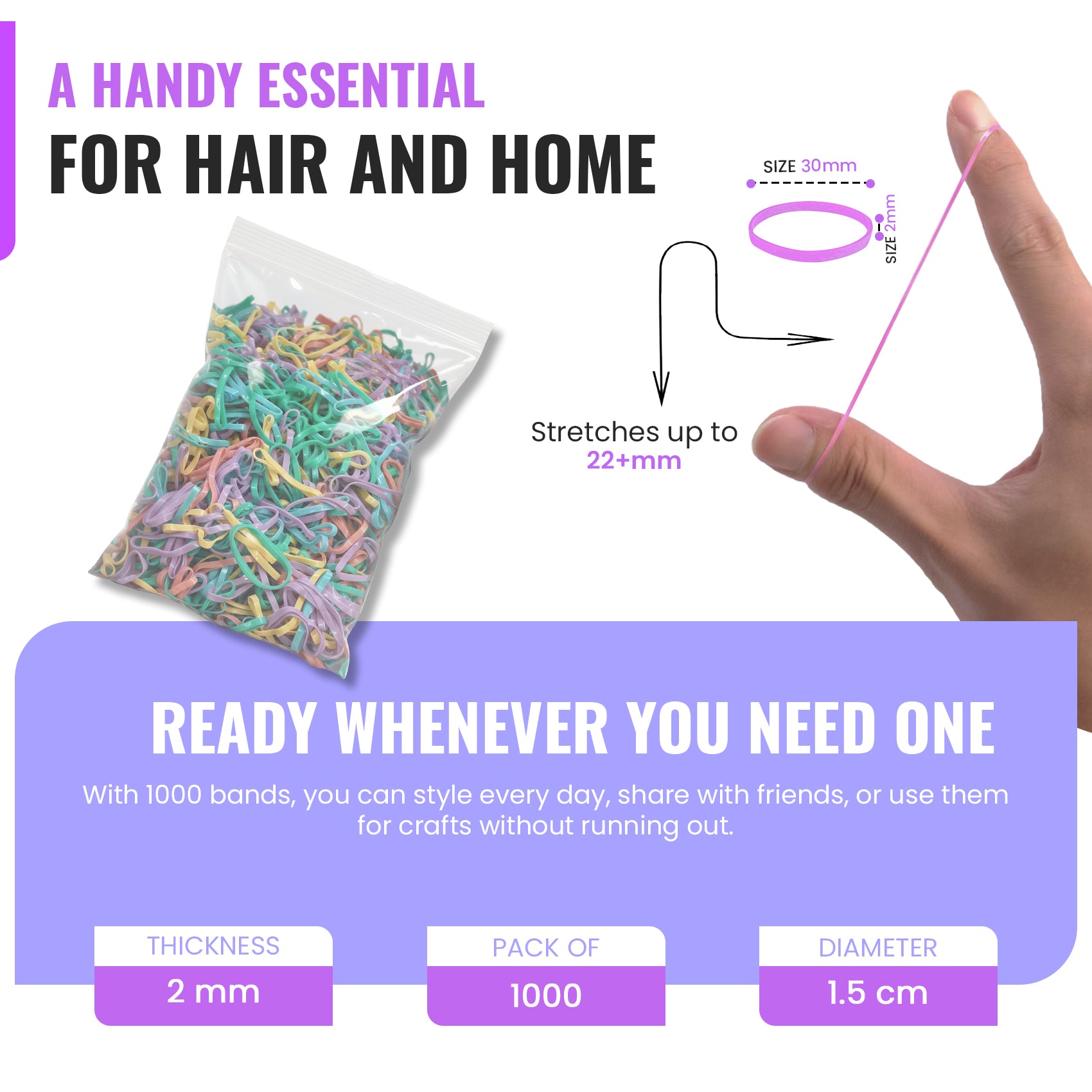 Extra Thick Hair Elastic Bands for Braids, Pack of 1,000