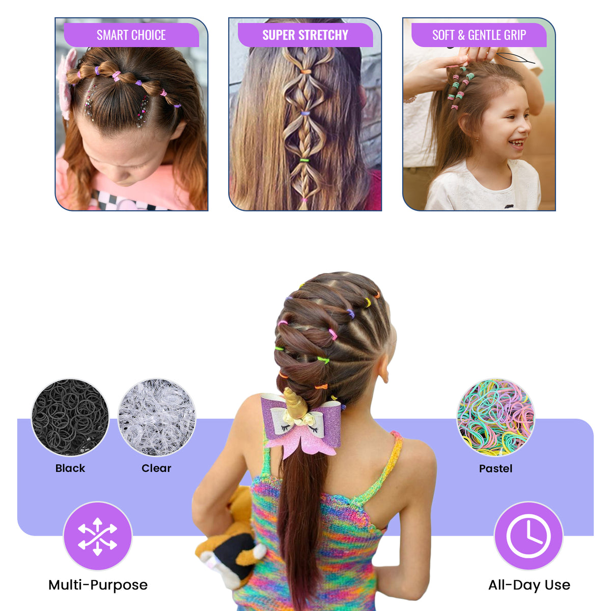 Extra Thick Hair Elastic Bands for Braids, Pack of 1,000