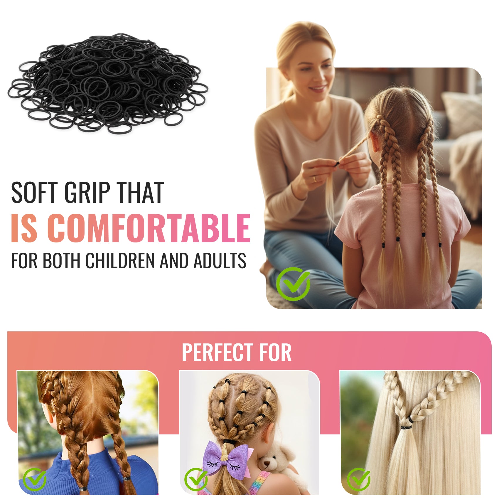Extra Thick Hair Elastic Bands for Braids, Pack of 1,000