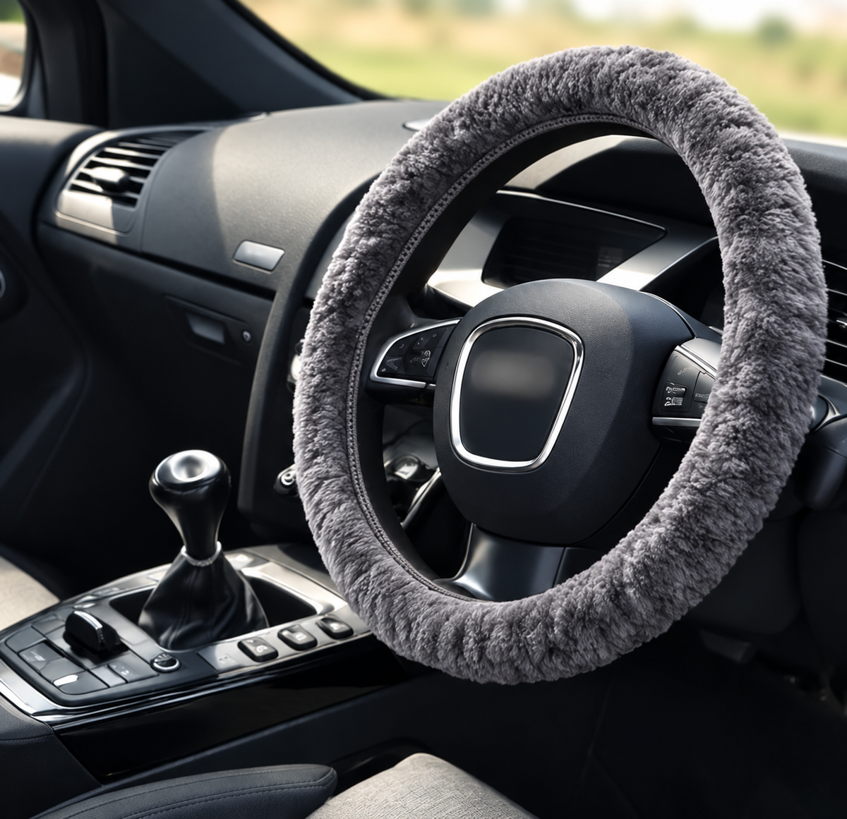 Grey sheepskin steering wheel cover with thick plush fur and elastic snug fit