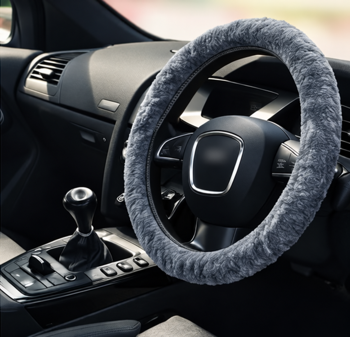Grey sheepskin steering wheel cover with plush fuzzy rim around the steering wheel