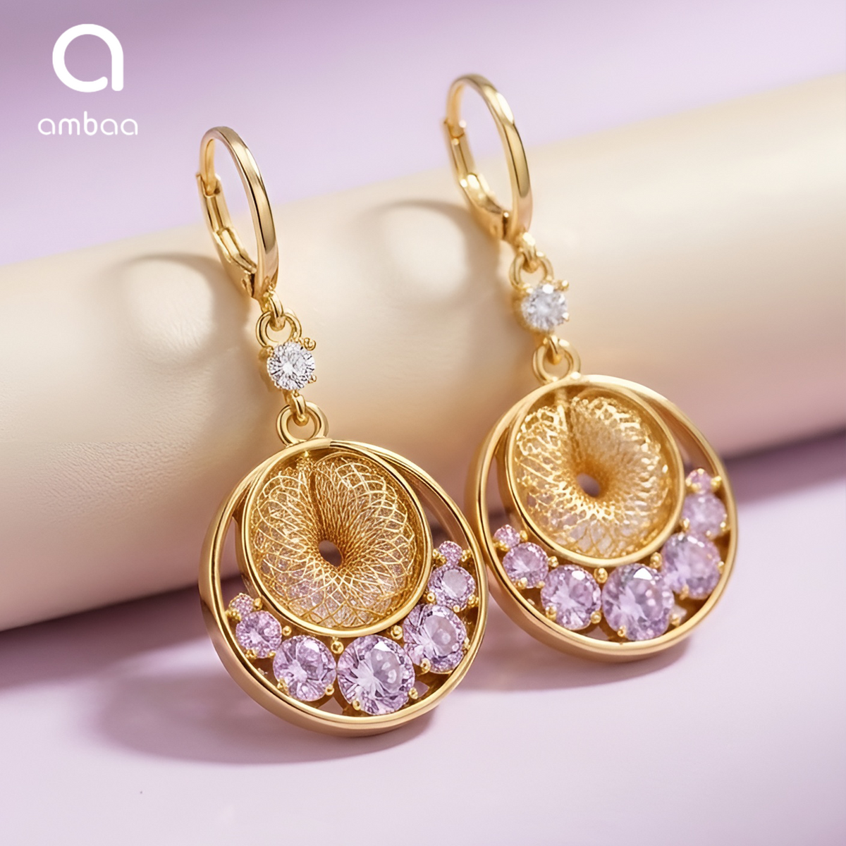 Gold Coin Drop Earrings, Purple Crystal Filigree Dangle, 1 Pair