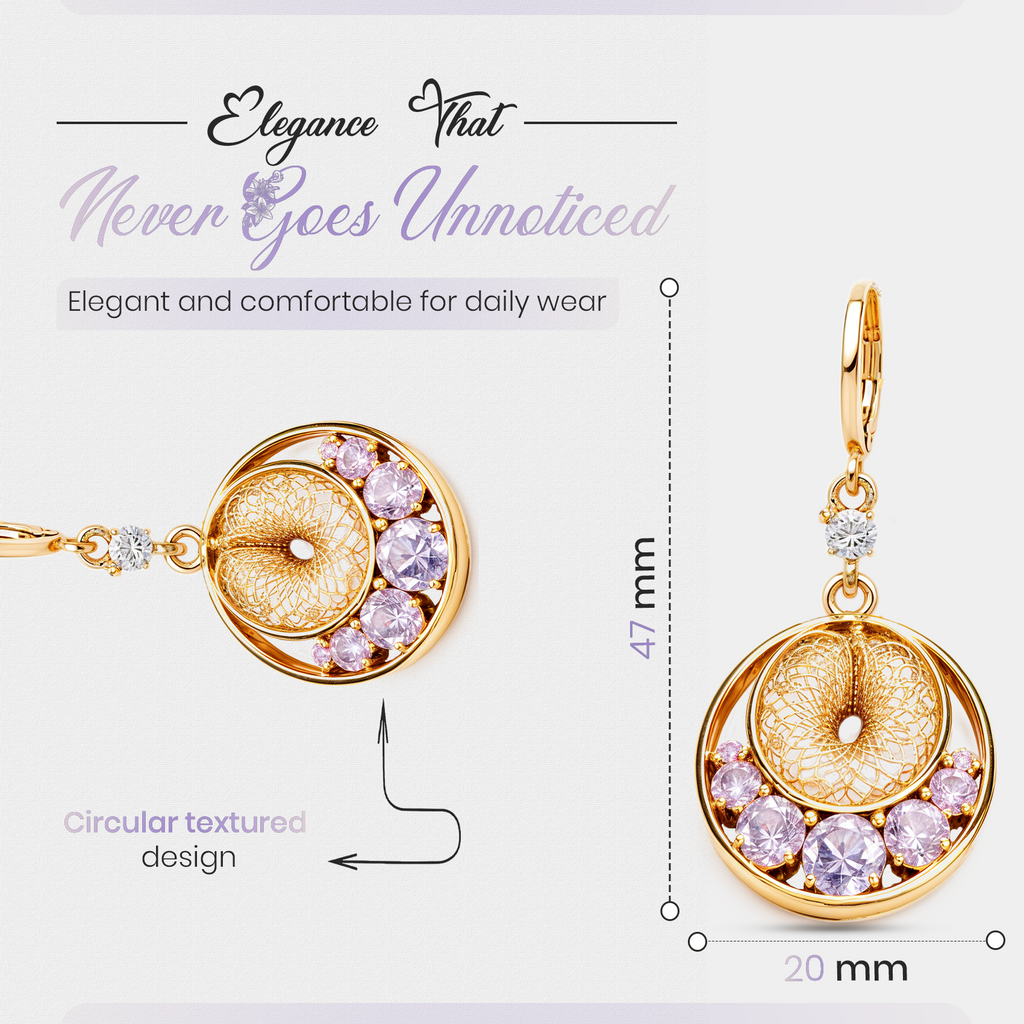 Gold Coin Drop Earrings, Purple Crystal Filigree Dangle, 1 Pair