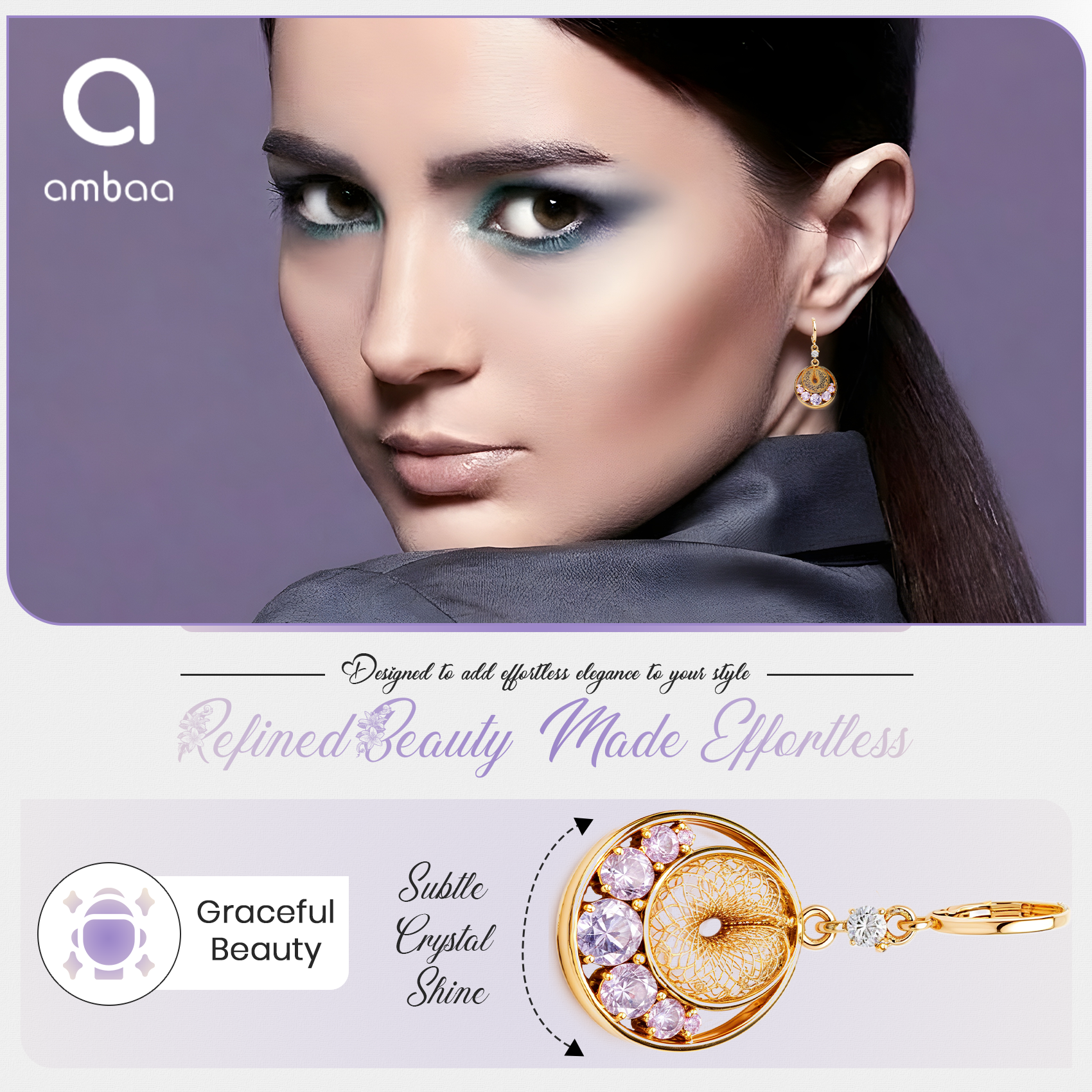 Gold Coin Drop Earrings, Purple Crystal Filigree Dangle, 1 Pair