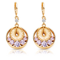 Gold Coin Drop Earrings, Purple Crystal Filigree Dangle, 1 Pair