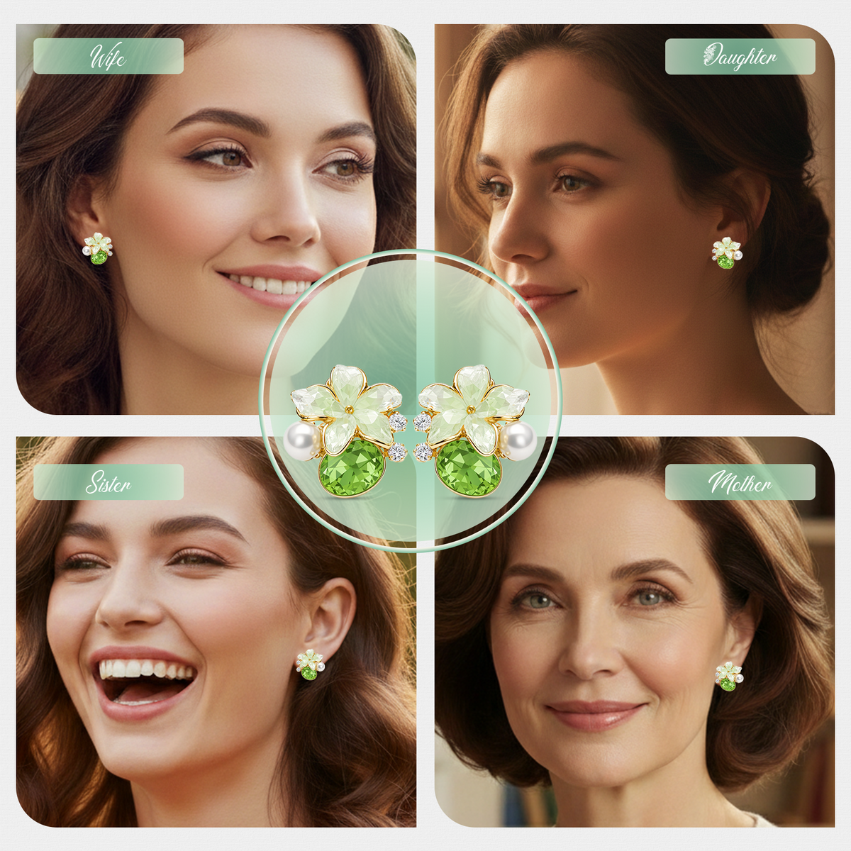 Green Floral Stud Earrings, Gold Tone with Crystal & Pearl Detail, 1 Pair