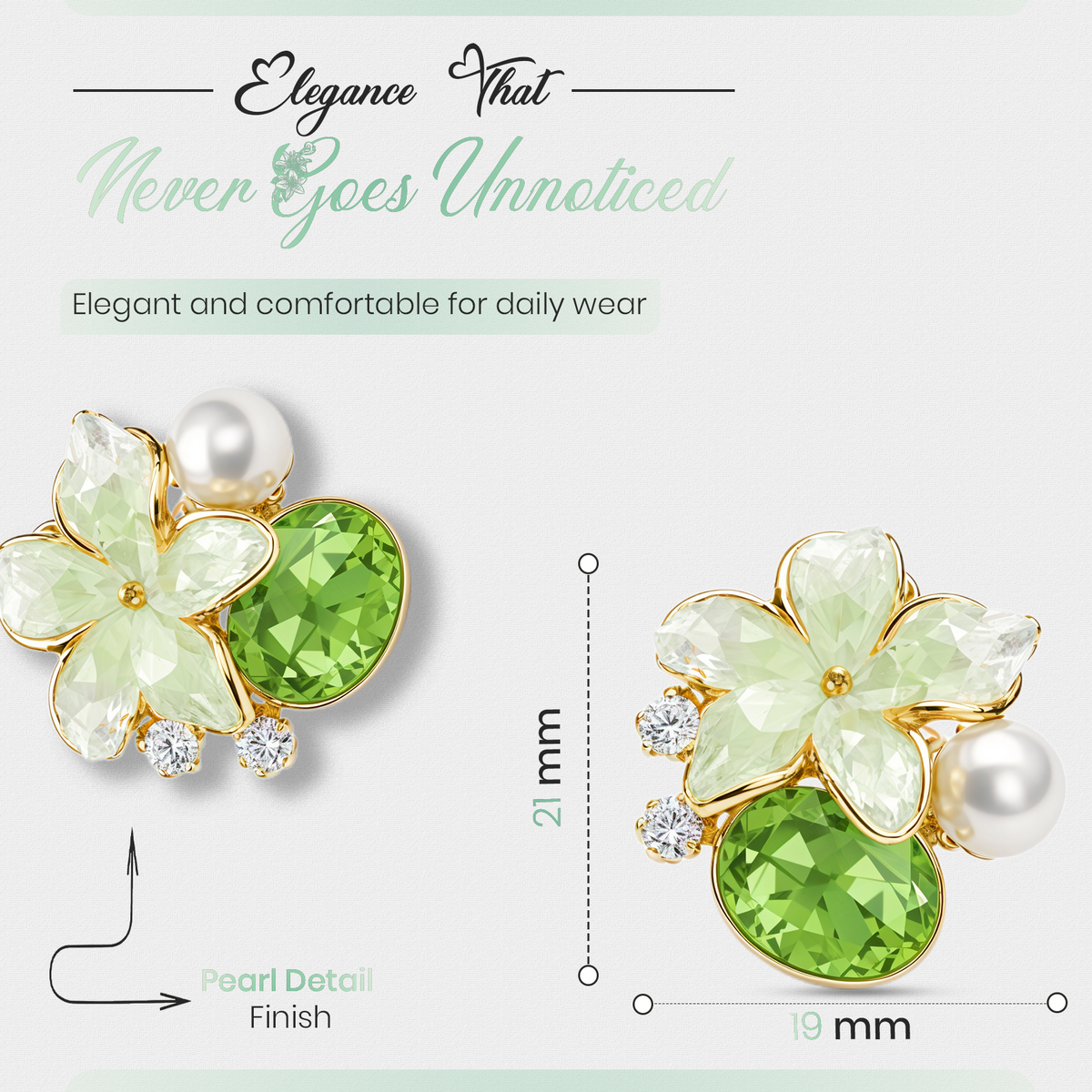Green Floral Stud Earrings, Gold Tone with Crystal & Pearl Detail, 1 Pair