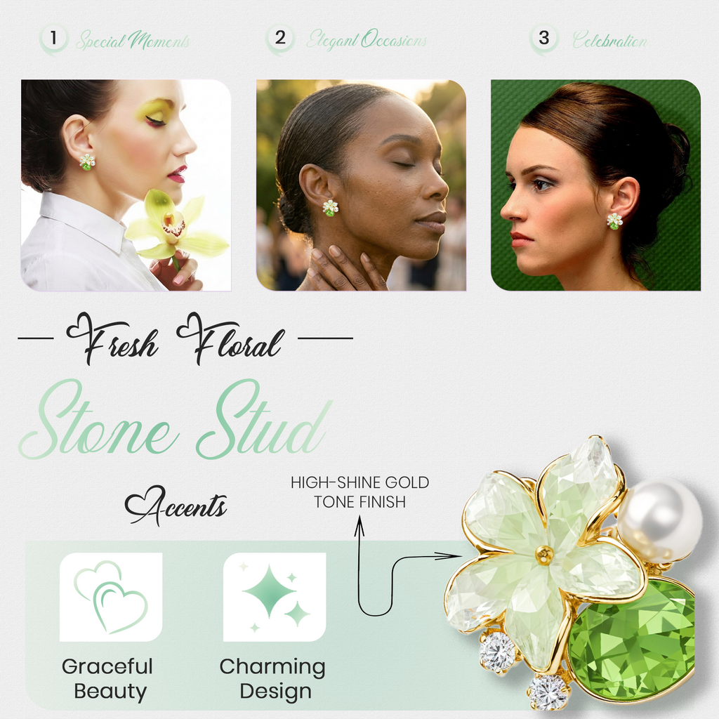 Green Floral Stud Earrings, Gold Tone with Crystal & Pearl Detail, 1 Pair