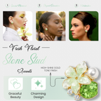 Green Floral Stud Earrings, Gold Tone with Crystal & Pearl Detail, 1 Pair