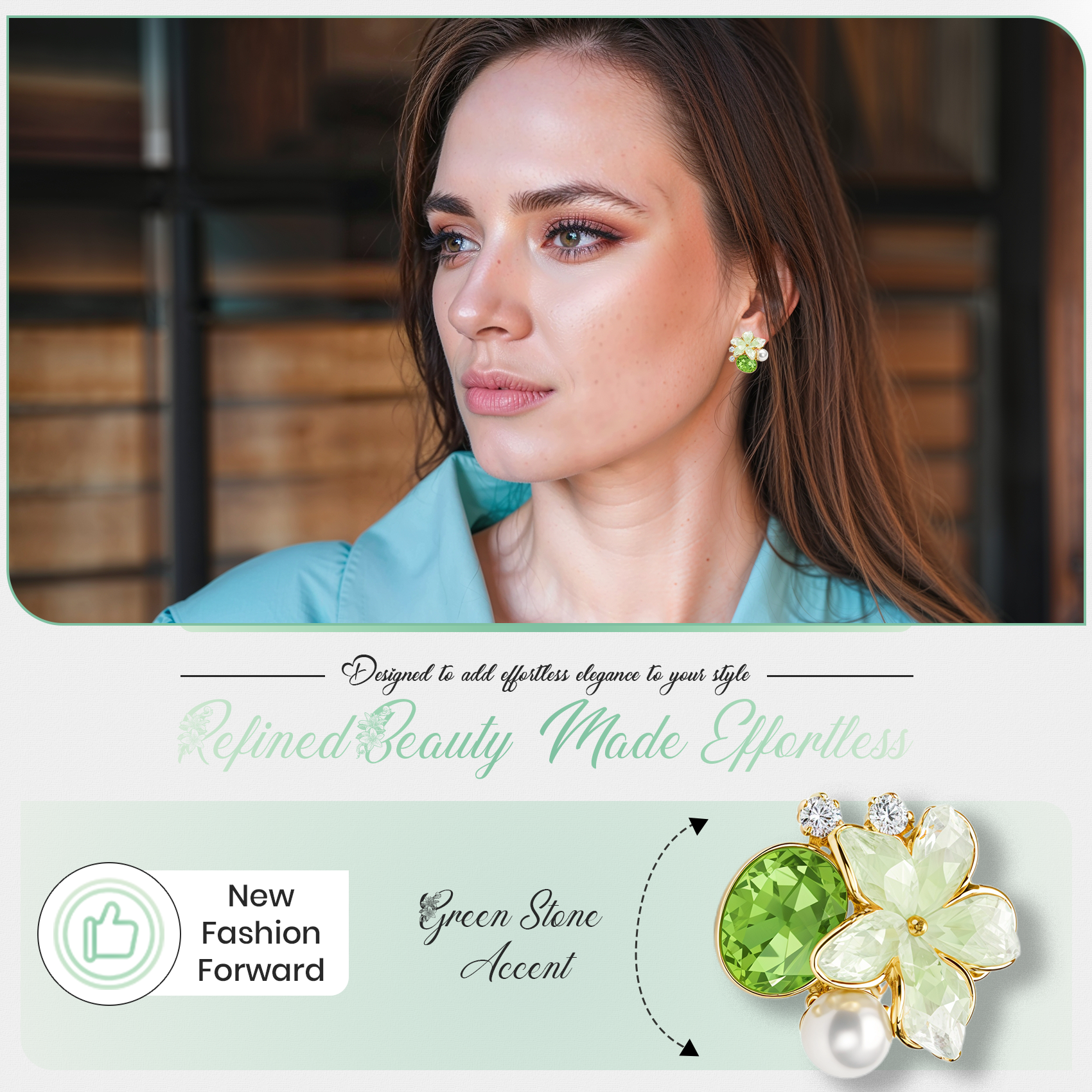 Green Floral Stud Earrings, Gold Tone with Crystal & Pearl Detail, 1 Pair