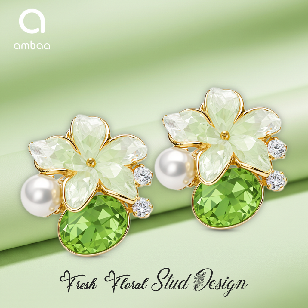 Green Floral Stud Earrings, Gold Tone with Crystal & Pearl Detail, 1 Pair