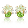 Green Floral Stud Earrings, Gold Tone with Crystal & Pearl Detail, 1 Pair